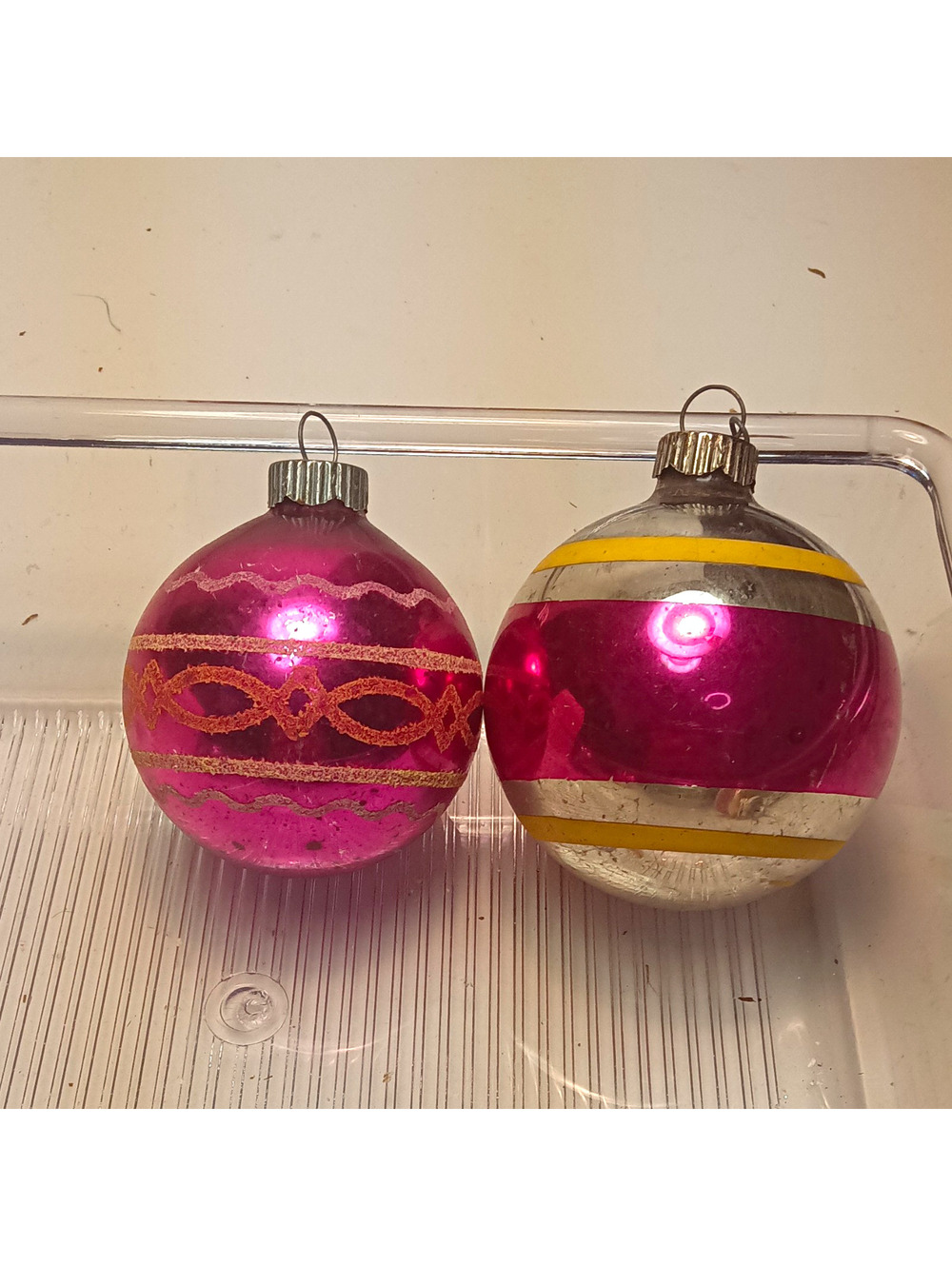 Vintage Shiny Brite Mercury Glass Christmas Ornaments Pink Striped Stencil Lot 2